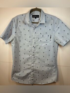 Molokai Surf Co Button Front Shirt Mens Medium Blue Flamingo Print Short Sleeve